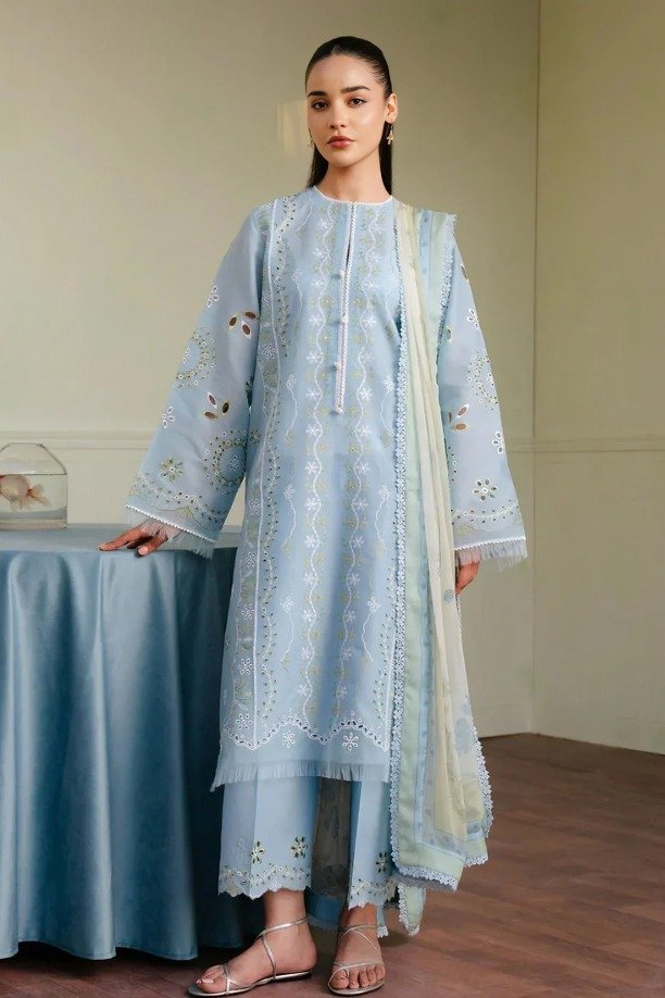 httpsdivinjaipur.comproductsdastaan-e-neelum-a-royal-chronicle-woven-in-midnight-and-gold-suit-41-21.jpg Zara SJ - 3pcs Law Embroidered With Diamond Printed Dupatta - 0525 - Image 1