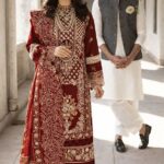Mahnur - 3pcs Luxury Lawn Emb With Ready To Wear Khaadi Net Dupatta - 7336 - RED