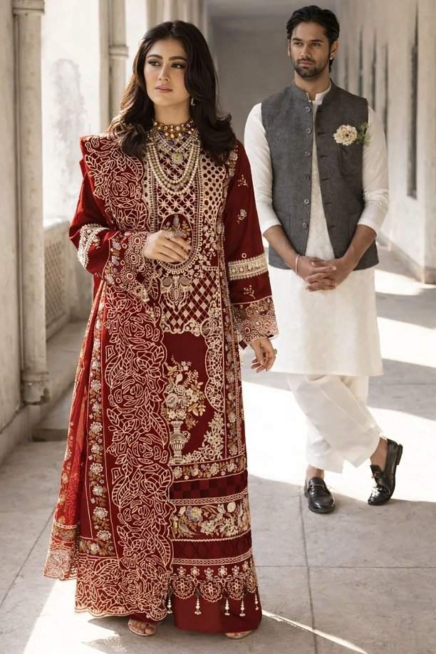 httpsdivinjaipur.comproductsdastaan-e-neelum-a-royal-chronicle-woven-in-midnight-and-gold-suit-41-30.jpg Mahnur - 3pcs Luxury Lawn Emb With Ready To Wear Khaadi Net Dupatta - 7336 - RED - Image 1