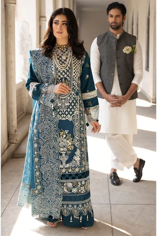 httpsdivinjaipur.comproductsdastaan-e-neelum-a-royal-chronicle-woven-in-midnight-and-gold-suit-44-28.jpg Mahnur - 3pcs Luxury Lawn Emb With Ready To Wear Khaadi Net Dupatta - 7336 - BLUE - Image 1