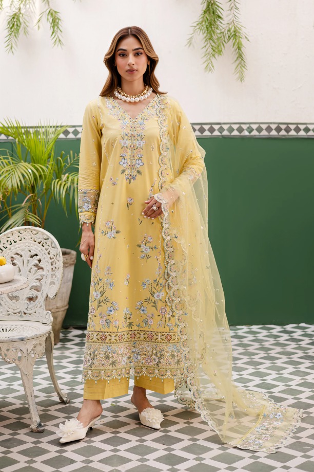 httpsdivinjaipur.comproductsdastaan-e-neelum-a-royal-chronicle-woven-in-midnight-and-gold-suit-43-34.jpg Batik - 3pcs Lawn Emb With Ready To Wear Khaadi Net Emb Dupatta - 809 - Image 1